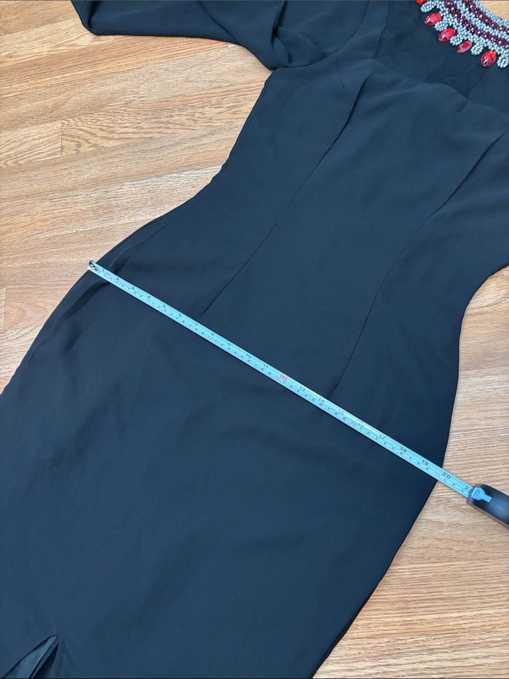 Elegant black long bell sleeve maxi dress with jeweled neckline. Size S. - Picture 17 of 17